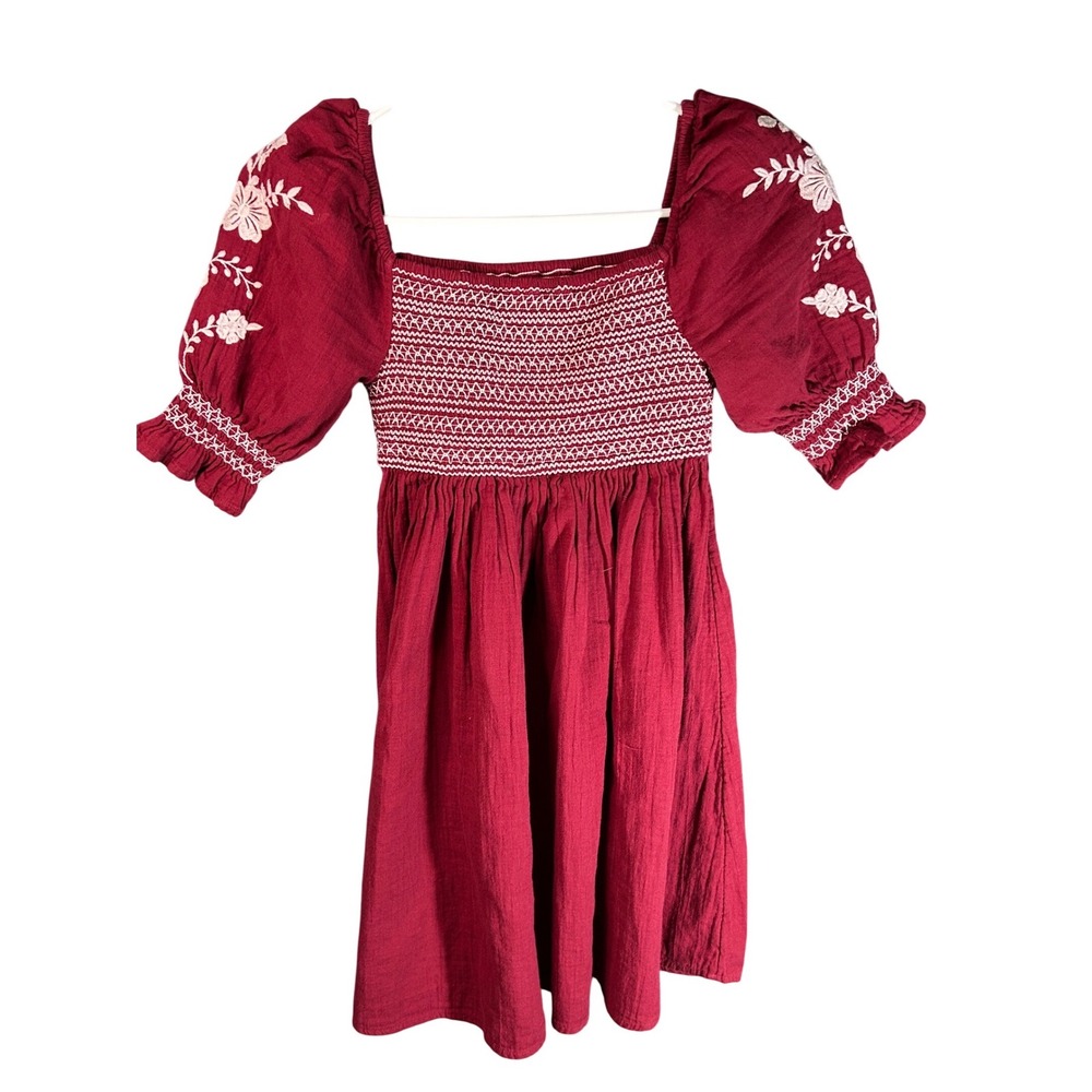 Crown‎ & Ivy Kids Burgundy Smocked Floral Embroidered Puff Sleeve Dress Small